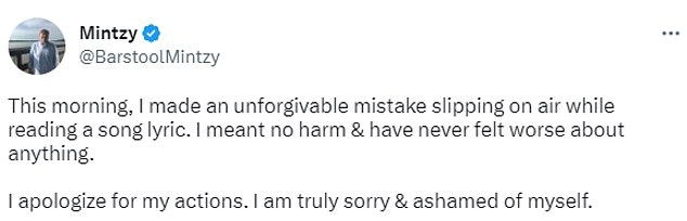 Mintz apologized for the insult on Twitter and insisted he meant no harm