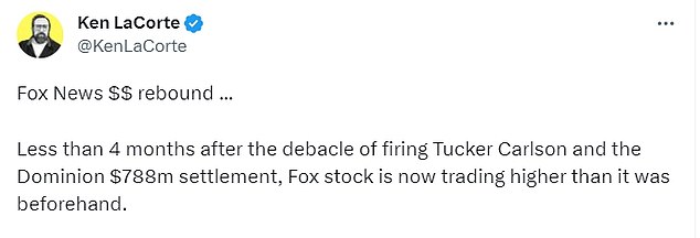 Former Fox New CEO Ken LaCorte, who left the network in 2016 after his longtime ally Robert Ailes himself was fired over sexual harassment allegations, was among many on Thursday to comment on the stock's comeback