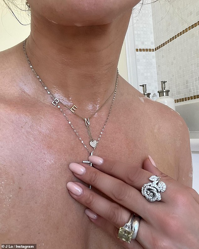 Cute: One of J-Lo's selfies showed her sweet tribute to her husband Ben Affleck by wearing a necklace with his name on it