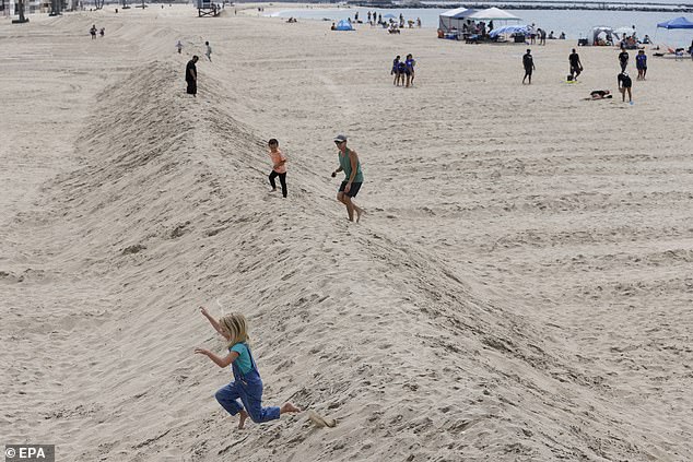 A sandbar has been built at Seal Beach in California to mitigate the worst effects of the expected stormy waves