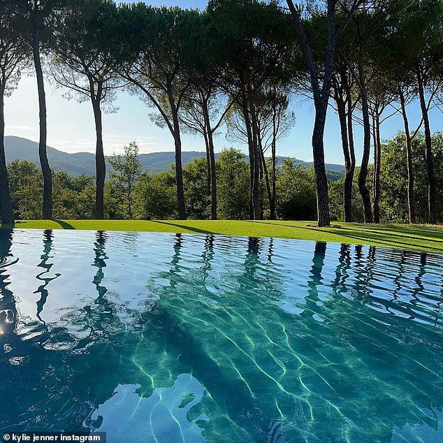 The view: This scenic shot featured the clear blue swimming pool in the backyard of the property where Jenner resided, with several green trees in the background