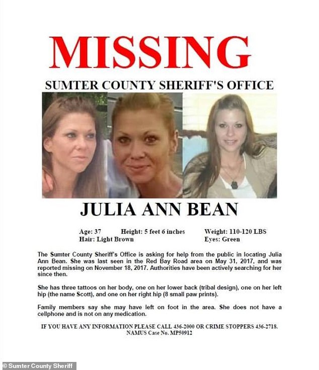 Julia Ann Bean was last seen in a truck with a man on Red Bay Road in Sumter in early June and was reported missing on November 18, 2017