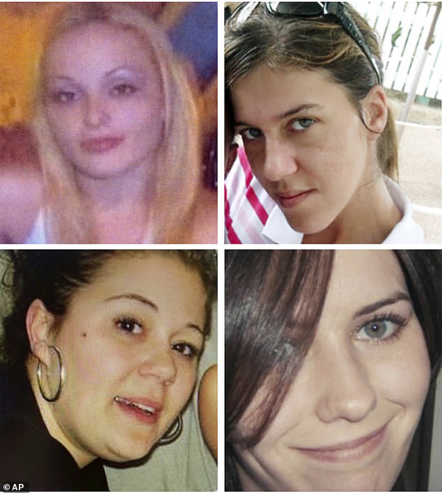 Heuermann, 59, was arrested last month in connection with the murders of Melissa Barthelemy (top left), Megan Waterman (bottom left) and Amber Lynn Costello (top right), all of whom disappeared in 2009 and 2010.  He is also believed to be the prime suspect in the 2007 murder of Maureen Brainard-Barnes