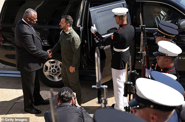 Defense Secretary Lloyd Austin greets Ukrainian President Volodymyr Zelensky at the Pentagon