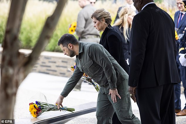 President Zelensky and his wife Olena Zelenska lay flowers at the 9/11 Memorial in the Pentagon