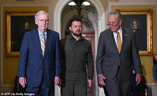 Ukrainian President Volodymyr Zelensky is accompanied by US Senate Minority Leader Mitch McConnell (R-KY) and Senate Majority Leader Chuck Schumer (D-NY) at the Capitol