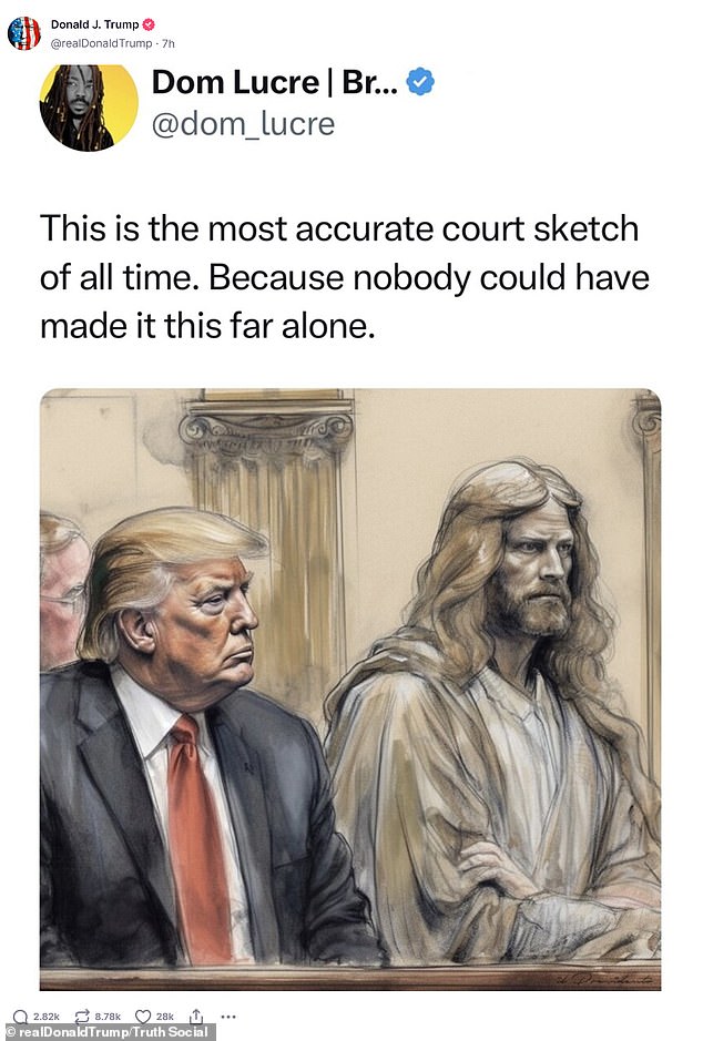 1696321229 106 Donald Trump shares bizarre courtroom sketch of himself sitting