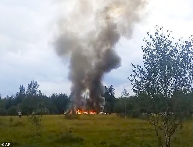 Weeks after leading a revolt against the Kremlin, Prigozhin was traveling on a private jet from Moscow to St. Petersburg on August 23 when it burst into flames (pictured).