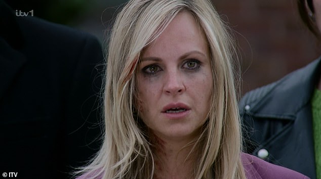 Ouch: Sarah Platt (Tina O'Brien) had also spotted something in the pub and entered the boarded-up Rovers to investigate when Stephen hit her over the head with a bottle