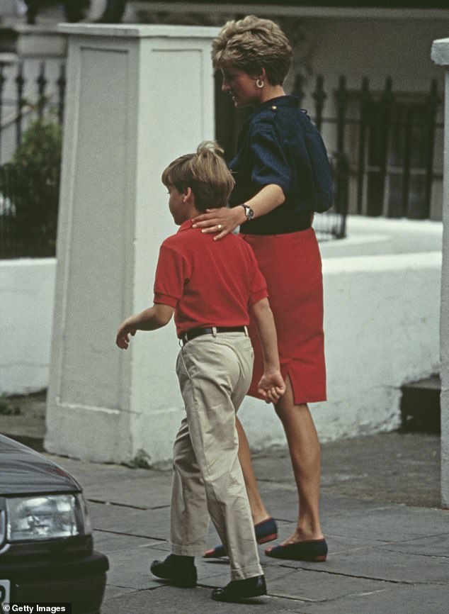 Diana, the late Princess of Wales, and her son Prince William outside Wetherby School in London after dropping off Prince Harry in September 1991