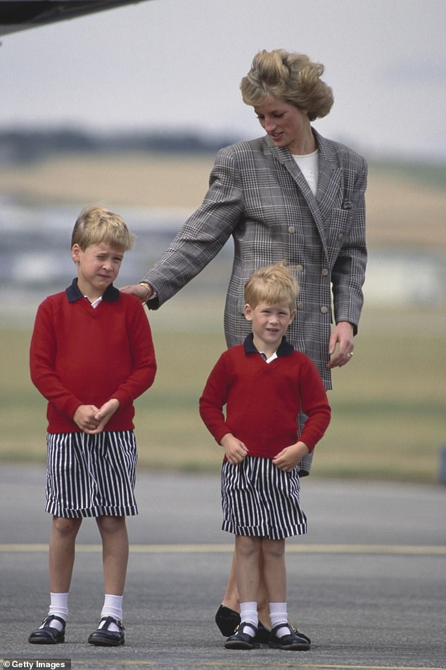 The Princess of Wales with her sons after arriving at Aberdeen Airport in August 1989