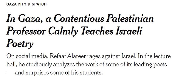 Alareer was featured by The New York Times in 2021.  He was portrayed as a peaceful, open-minded professor