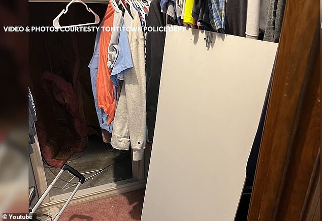 Bodycam footage showed Thompson moving boxes in the closet and a large board nailed to the wall blocking the child in the compartment