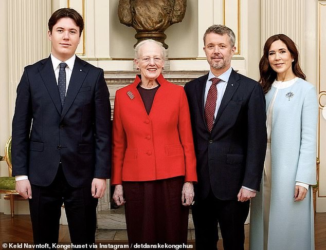 A portrait released by the Danish royal family and shared via the family's Instagram account shows (pictured left) Prince Christian, Queen Margrethe, Crown Prince Frederik and Princess Mary