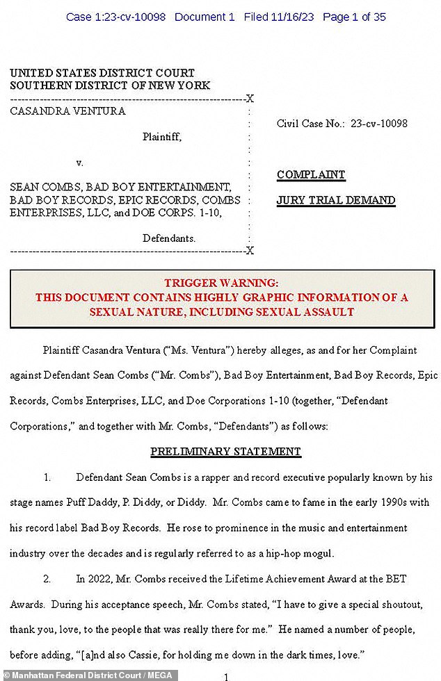 Among the serious allegations are that Combs trafficked 37-year-old Cassie with male prostitutes to fulfill his voyeuristic fantasies in hotels and at his home