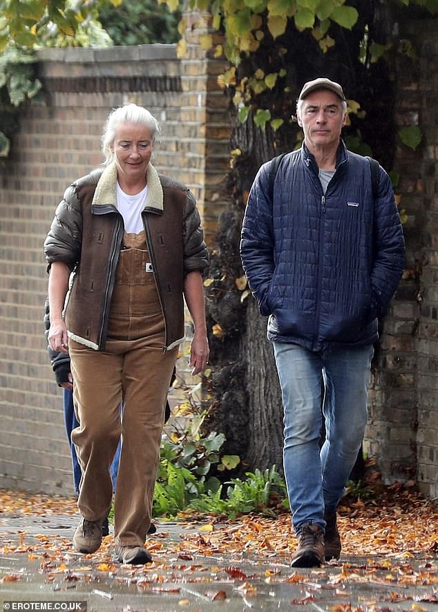 Emma Thompson looks autumnal in dungarees as she enjoys a