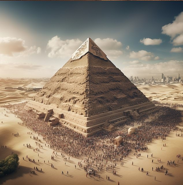 AI recreated the pyramid in its original form, topping it with brilliant white limestone that has been lost to time