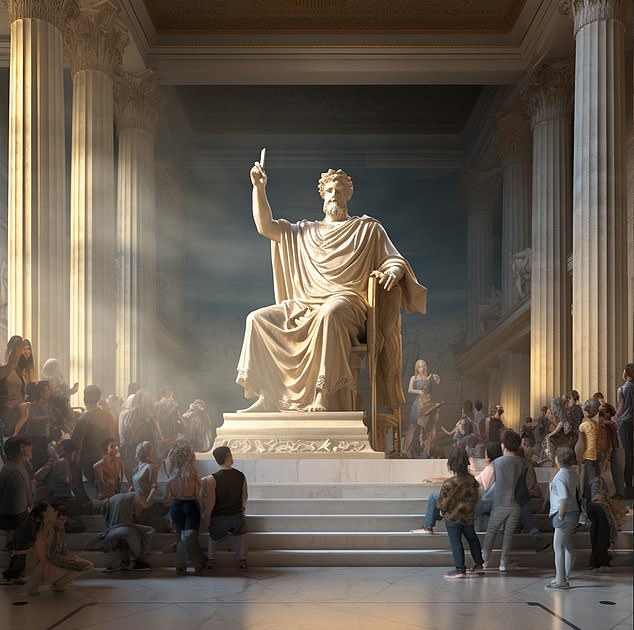 The 12-meter-tall ivory Zeus sat on a throne in an airy temple, just as he looked in the AI-generated image