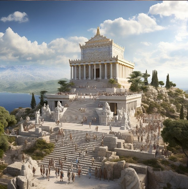 AI re-imagined the massive tomb as tourists rushed up the stairs to view the miracle that took place in 350 B.C.  was built.  It contained the remains of Mausolus, ruler of Caria