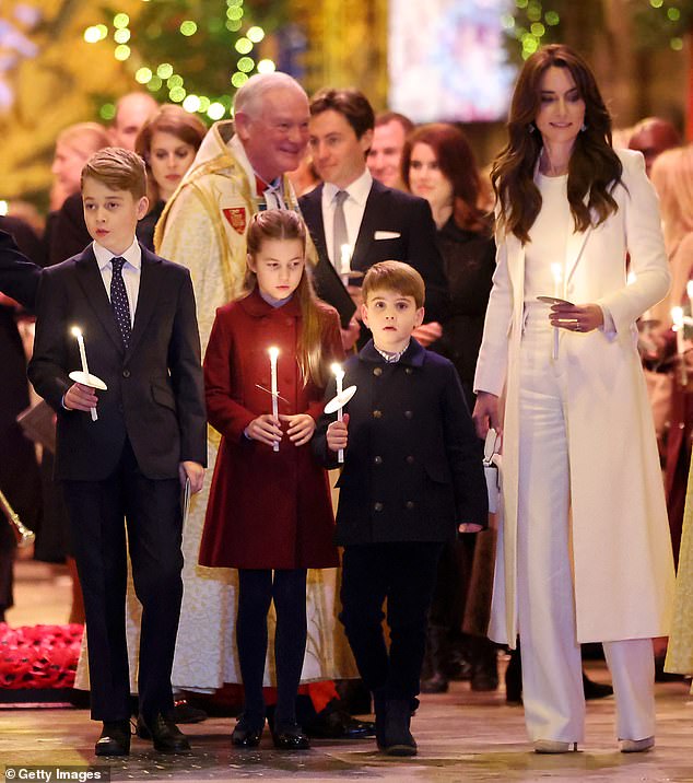 The Princess of Wales was joined by her three children at Westminster Abbey on Friday, each holding candles before her 