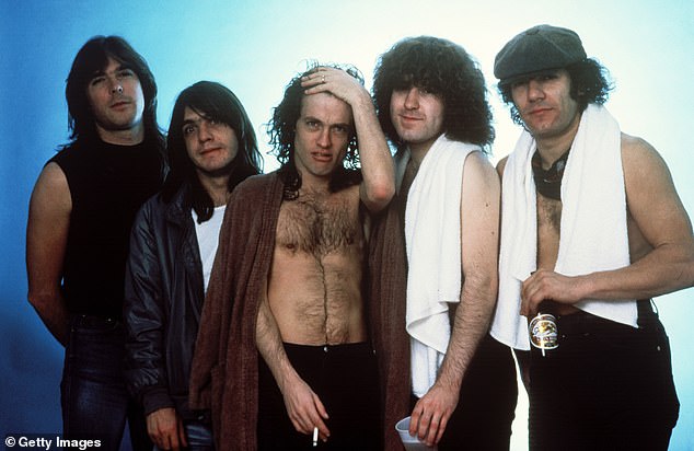 AC/DC sold more than 200 million records (LR) bassist Cliff Williams, rhythm guitarist Malcolm Young, Angus Young, drummer Simon Wright and singer Brian Johnson (1983)