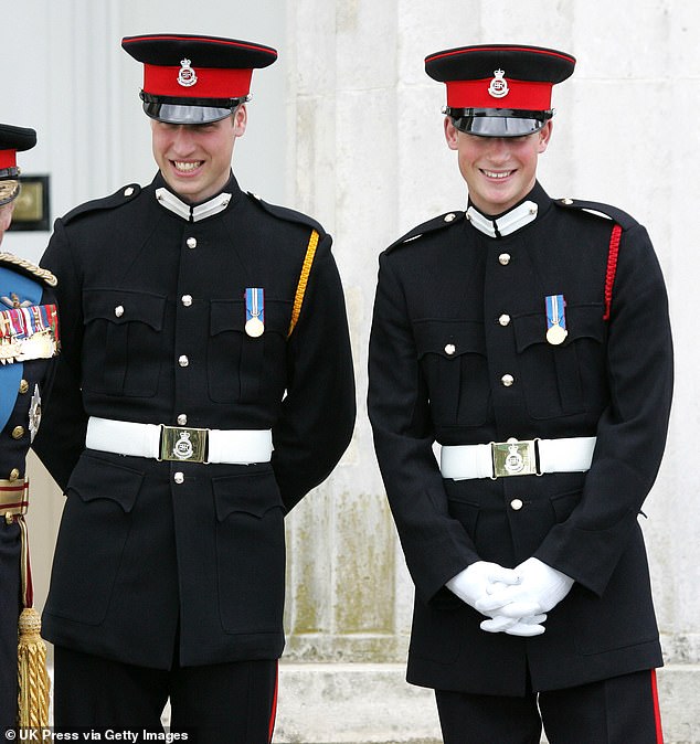 While Prince Harry is not mentioned in the book, his older brother Prince William took on the role and even wrote the foreword.  Pictured: Prince Harry and Prince William at younger brother's passing out ceremony in Sandhurst