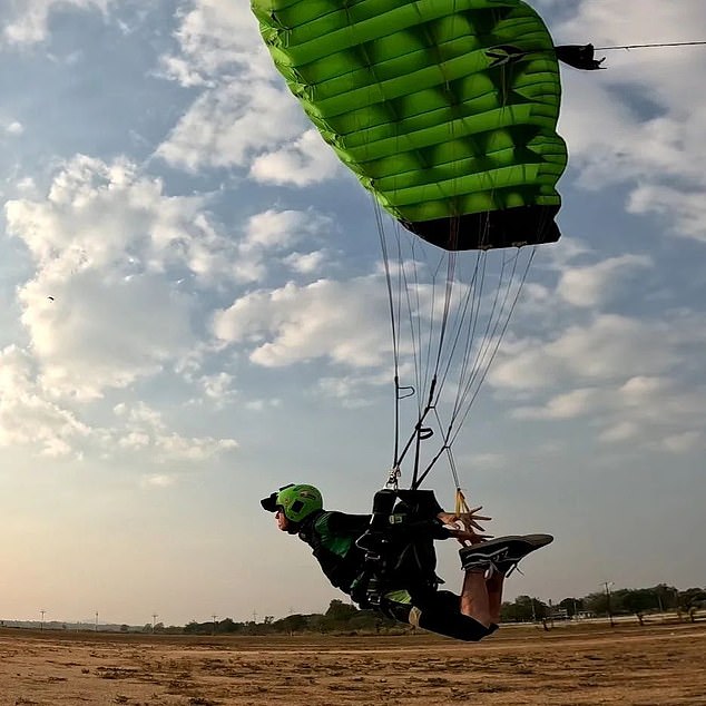 In a final picture posted to the tattooed daredevil's Instagram yesterday, Mr Odinson can be seen whipping through the air in a green helmet with his arms tilted forward and his arms pointing backwards