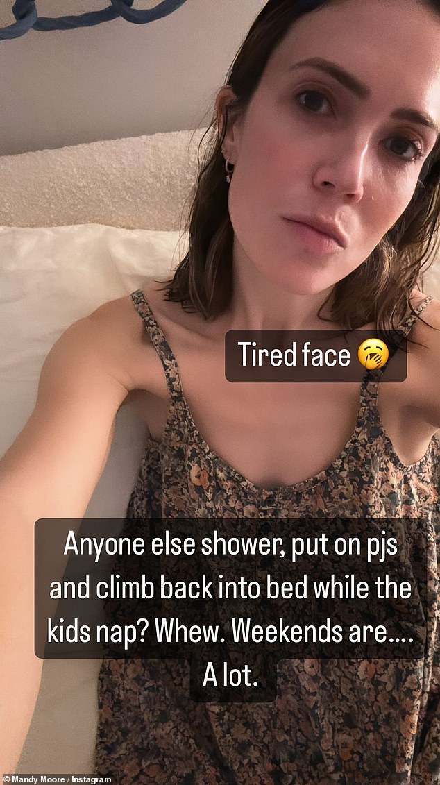 Mandy Moore shares her tired face as she climbs into