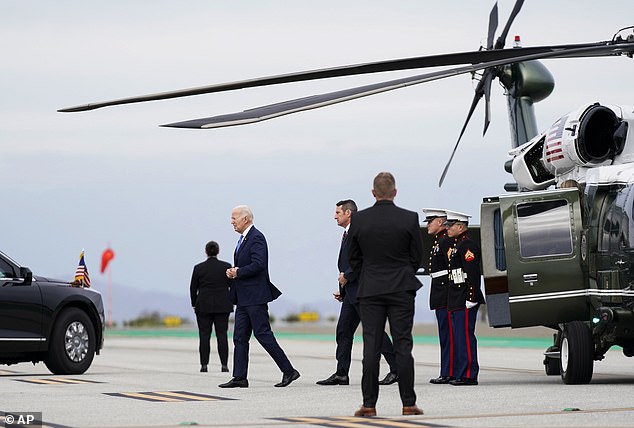 President Biden exits Marine One to board his motorcade in Santa Monica