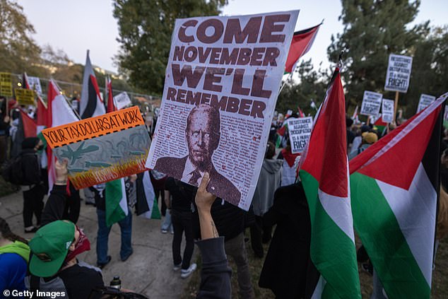 Biden has been followed by protesters at his campaign stops, including some during his last visit to Los Angeles in December (above).