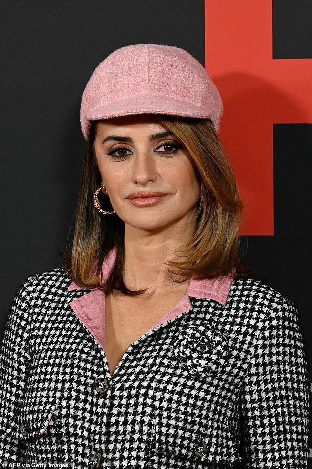 The Vicky Cristina Barcelona star, 49, opted for chic Chanel vibes in a houndstooth dress with a pink collar and cuffs and a matching baker boy hat