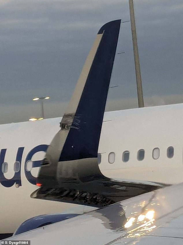 Damage to one of the wings can be seen in this photo taken by a passenger