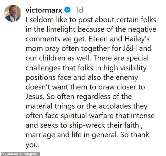 Victor wrote: “There are special challenges that face people in high visibility positions, and the enemy also does not want them to come closer to Jesus.” So often, no matter the material things or the accolades, they face such intense spiritual warfare , aimed at ruining her faith, her marriage, and her life in general.  So thank you very much'