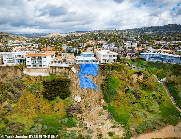 Aerial footage shows the aftermath of cliff collapse following extreme weather in Southern California that threatens homes worth millions of dollars