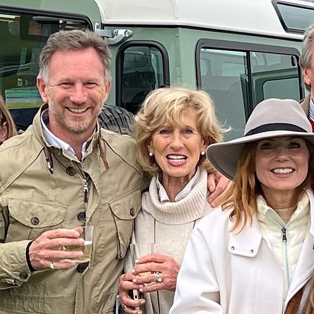 It is understood the singer was adamant about not meeting her husband, but Horner's mother Sara (pictured with the couple) has asked her to publicly support him to show her solidarity