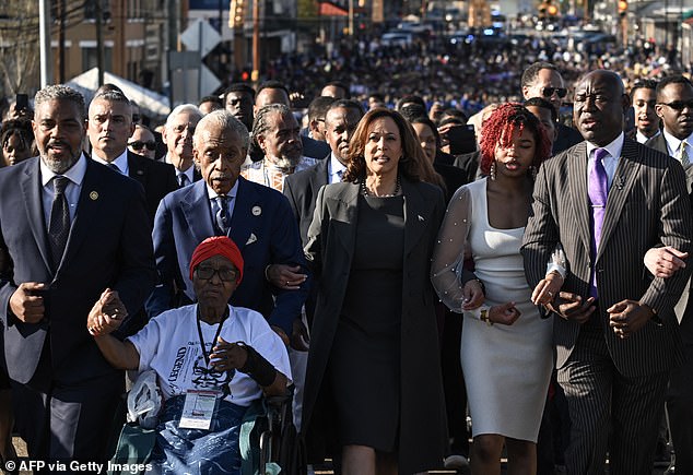 Harris addressed crowds as she stood at the Edmund Pettus Bridge during an event commemorating the 59th anniversary of 