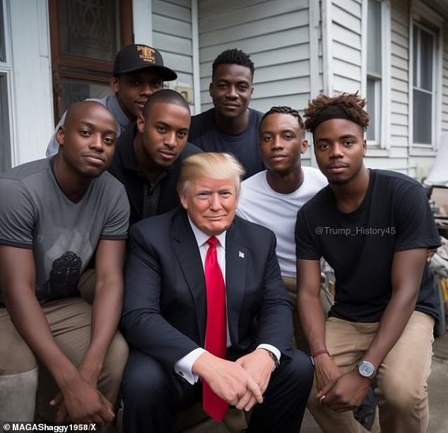 This image was shared on social media claiming that Trump stopped his motorcade to take a photo with this group of men.  The picture is not real